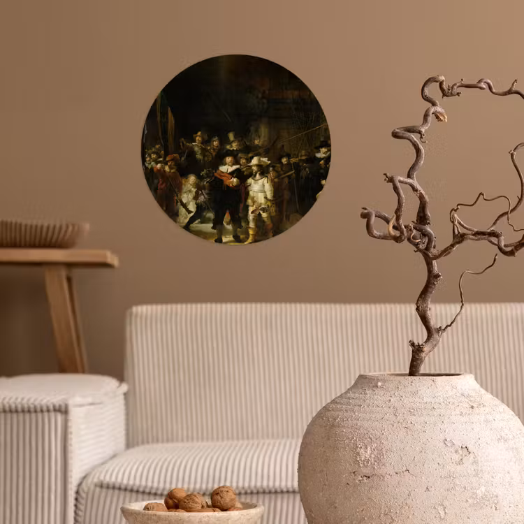 De Nachtwacht - Kunst - Oude meesters - Rembrandt Wandcirkel behangsticker klein -sfeer1