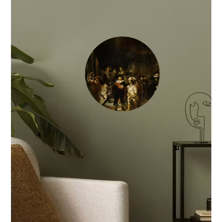 De Nachtwacht - Kunst - Oude meesters - Rembrandt Wandcirkel behangsticker klein -sfeer2