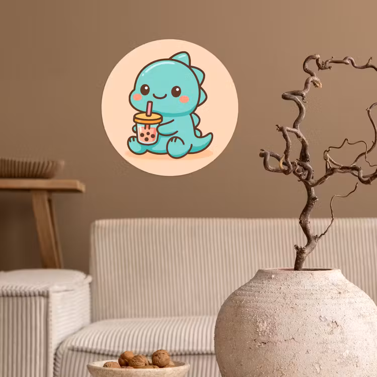 Dino - Boba - kawaii - Oranje Wandcirkel behangsticker klein -sfeer1