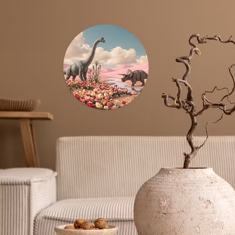 Runde Tapete - Dinosaurier – Rosa – Landschaft - Dinosaurus - Roze - Landschap Wandcirkel behangsticker klein