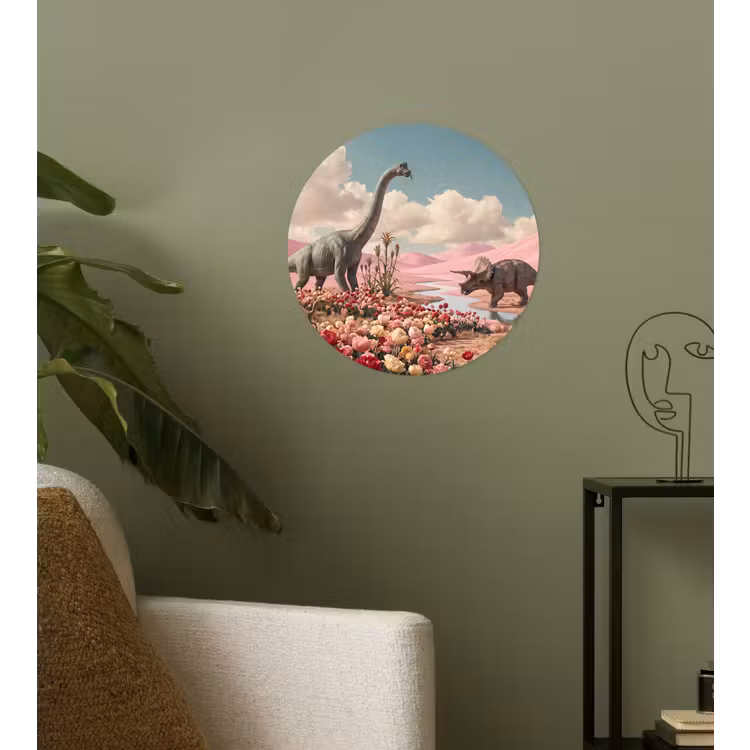 Runde Tapete - Dinosaurier – Rosa – Landschaft - Dinosaurus - Roze - Landschap Wandcirkel behangsticker klein