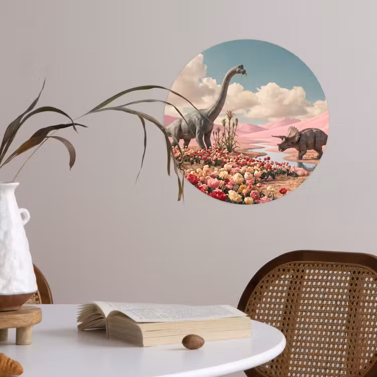 Runde Tapete - Dinosaurier – Rosa – Landschaft - Dinosaurus - Roze - Landschap Wandcirkel behangsticker klein
