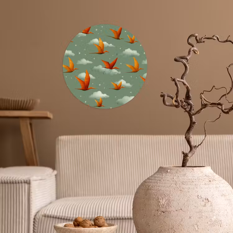 Dinosaurussen - Wolken - Sterren - Oranje Wandcirkel behangsticker klein -sfeer1