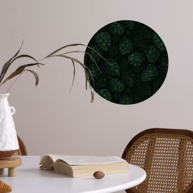 Donker - Groen - Hopbellen - Botanisch - Illustratie Wandcirkel behangsticker klein 186 -sfeer3