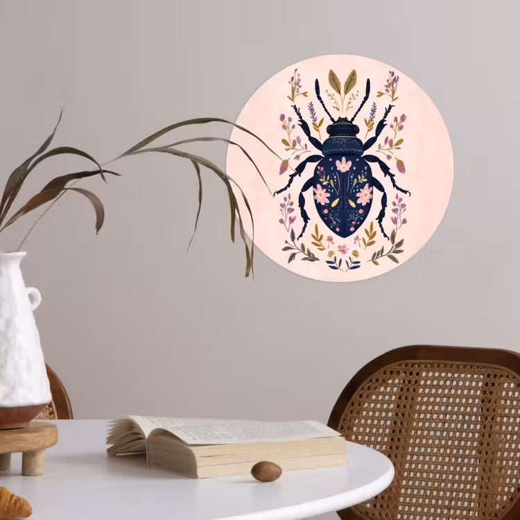 Donkerblauw - Kever - Bloemtakken - Sierlijk Wandcirkel behangsticker klein -sfeer3