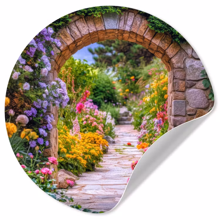 Doorkijk - Bloemen - Pad - Natuur Wandcirkel behangsticker klein -3d