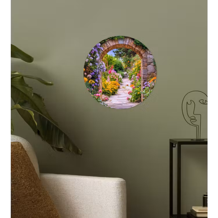 Doorkijk - Bloemen - Pad - Natuur Wandcirkel behangsticker klein -sfeer2