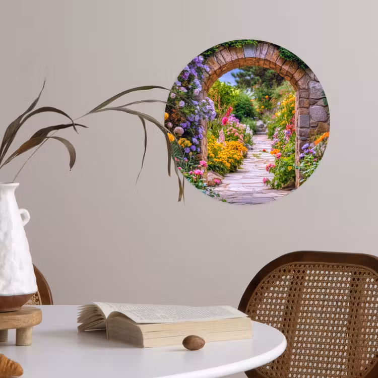 Doorkijk - Bloemen - Pad - Natuur Wandcirkel behangsticker klein -sfeer3