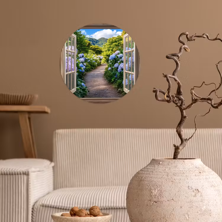 Doorkijk - Hortensia - Pad - Natuur Wandcirkel behangsticker klein -sfeer1