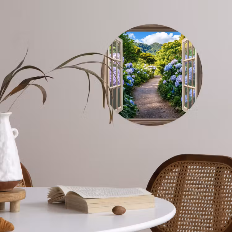 Doorkijk - Hortensia - Pad - Natuur Wandcirkel behangsticker klein -sfeer3