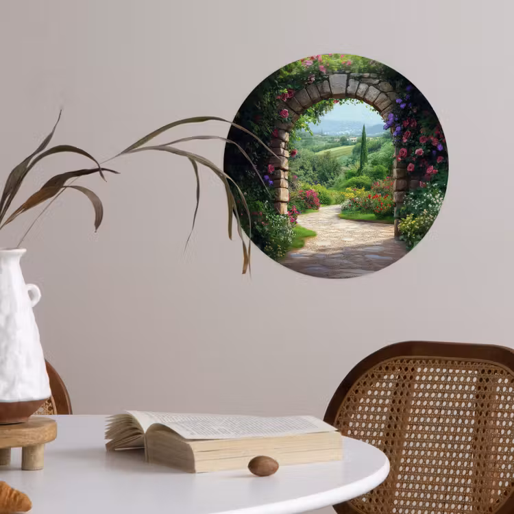 Doorkijk - Landschap - Bloemen - Pad - Uitzicht Wandcirkel behangsticker klein -sfeer3