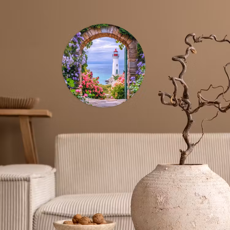 Doorkijk - Vuurtoren - Bloemen - Uitzicht Wandcirkel behangsticker klein -sfeer1