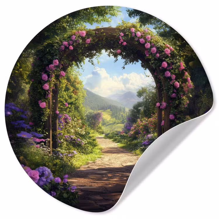 Doorkijk - Rozenboog - Uitzicht - Landschap - Bloemen Wandcirkel behangsticker klein -3d