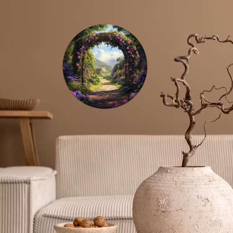 Doorkijk - Rozenboog - Uitzicht - Landschap - Bloemen Wandcirkel behangsticker klein -sfeer1