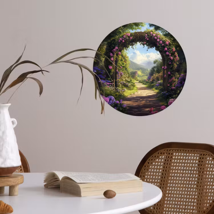 Doorkijk - Rozenboog - Uitzicht - Landschap - Bloemen Wandcirkel behangsticker klein -sfeer3