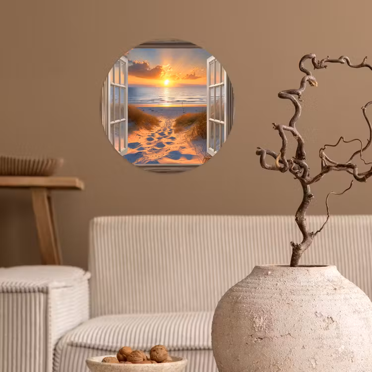 Doorkijk - Strand - Duinen - Zonsondergang Wandcirkel behangsticker klein -sfeer1