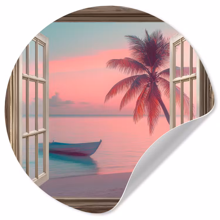 Doorkijk - Strand - Palmboom - Tropisch Wandcirkel behangsticker klein -3d