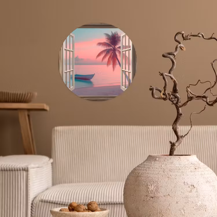 Doorkijk - Strand - Palmboom - Tropisch Wandcirkel behangsticker klein -sfeer1