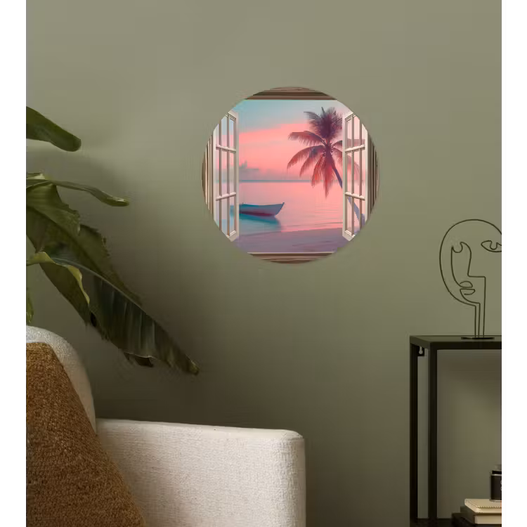 Doorkijk - Strand - Palmboom - Tropisch Wandcirkel behangsticker klein -sfeer2
