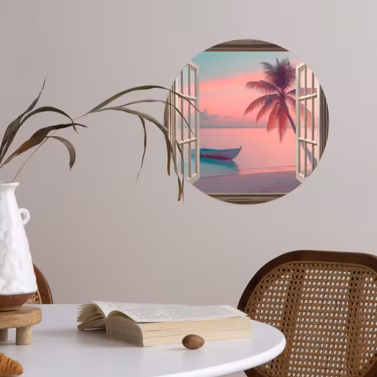 Doorkijk - Strand - Palmboom - Tropisch Wandcirkel behangsticker klein -sfeer3