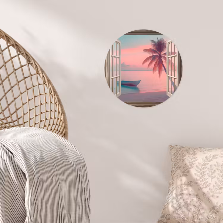 Doorkijk - Strand - Palmboom - Tropisch Wandcirkel behangsticker klein -sfeer4