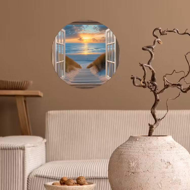Doorkijk - Strand - Pad - Zonsondergang Wandcirkel behangsticker klein -sfeer1