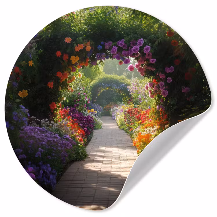 Doorkijk - Pad - Bloemen - Struik - Kleurrijk Wandcirkel behangsticker klein -3d