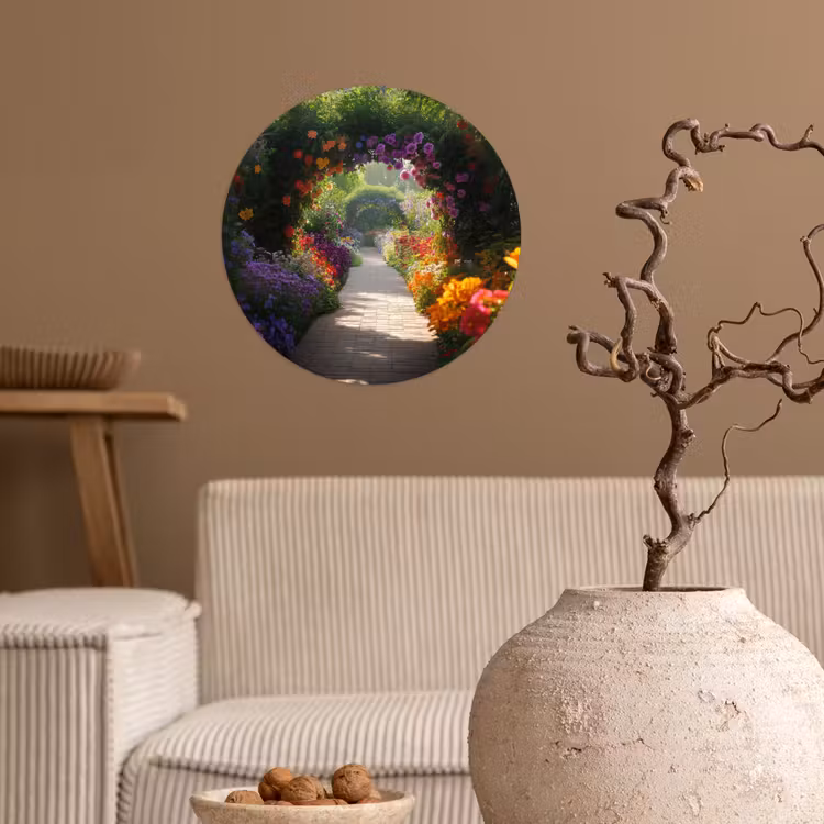 Doorkijk - Pad - Bloemen - Struik - Kleurrijk Wandcirkel behangsticker klein -sfeer1