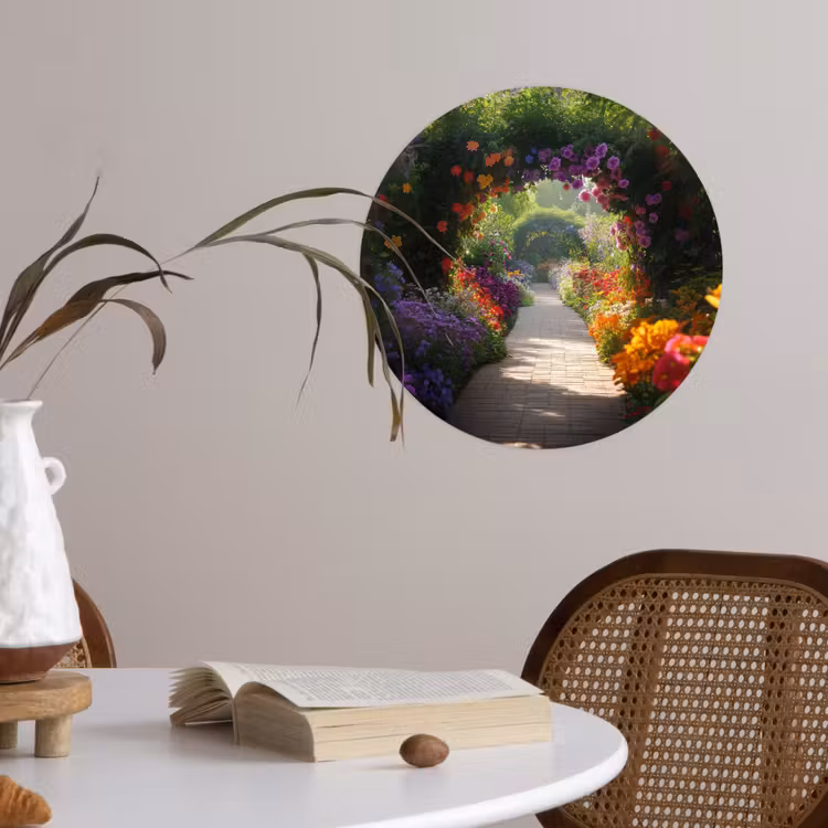 Doorkijk - Pad - Bloemen - Struik - Kleurrijk Wandcirkel behangsticker klein -sfeer3