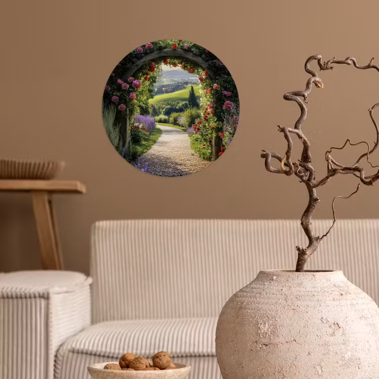 Doorkijk - Tuinboog - Bloemen - Natuur - Pad Wandcirkel behangsticker klein -sfeer1