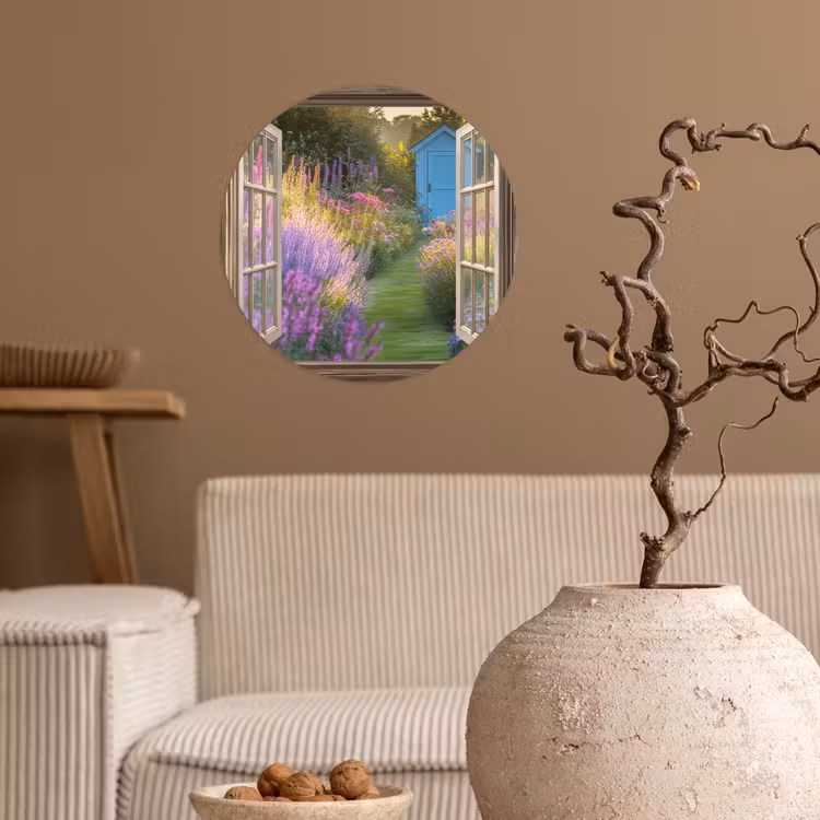 Doorkijk - Bloemen - Raam - Natuur Wandcirkel behangsticker klein -sfeer1