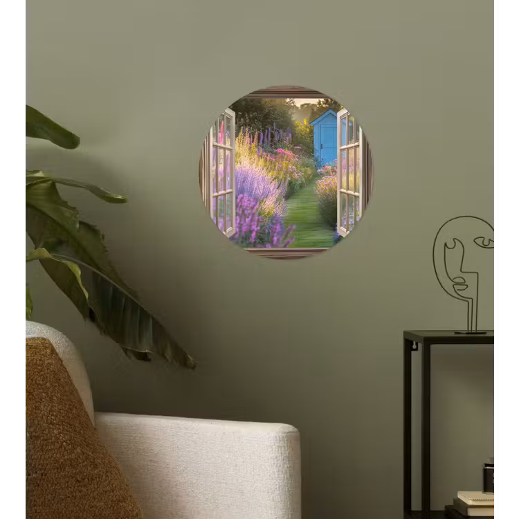 Doorkijk - Bloemen - Raam - Natuur Wandcirkel behangsticker klein -sfeer2