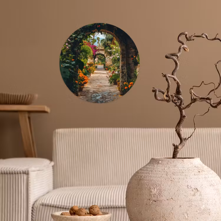Doorkijk - Bloemen - Poort - Stenen Wandcirkel behangsticker klein -sfeer1