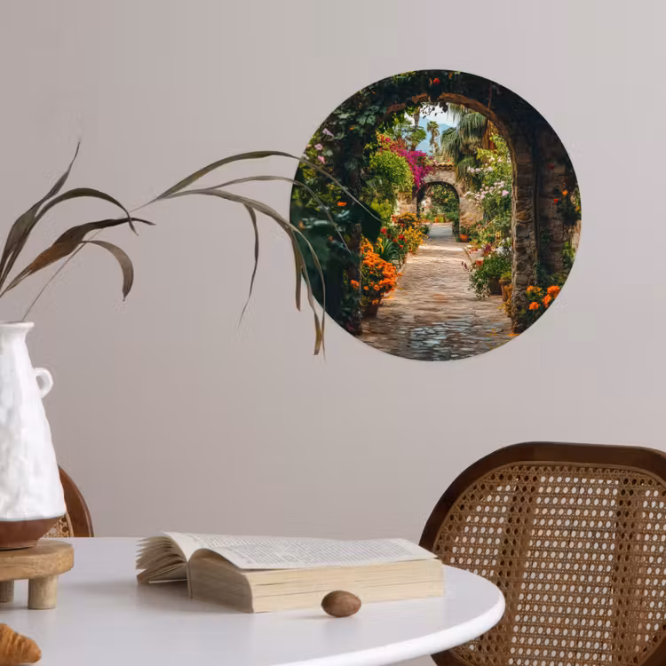 Doorkijk - Bloemen - Poort - Stenen Wandcirkel behangsticker klein -sfeer3
