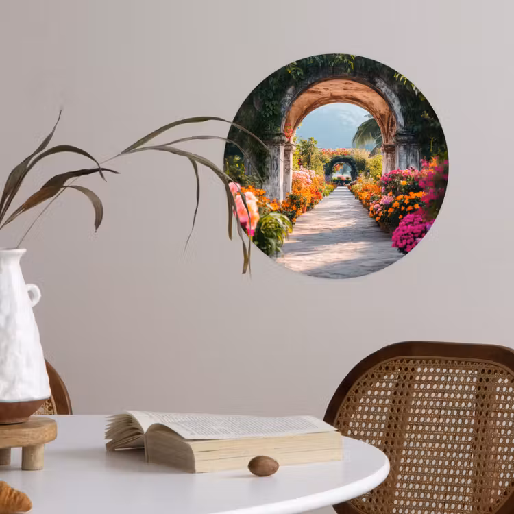 Doorkijk - Bloemen - Tropisch - Kleurrijk Wandcirkel behangsticker klein -sfeer3