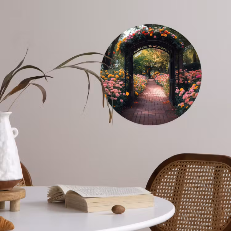 Doorkijk - Bloemen - Pad - Natuur - Kleurrijk Wandcirkel behangsticker klein -sfeer3