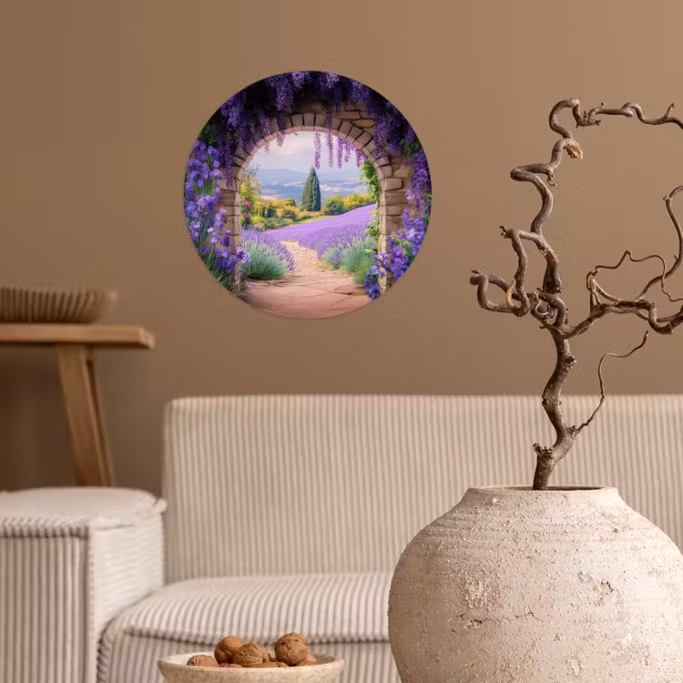 Doorkijk - Lavendel - Bloemen - Paars - Poort Wandcirkel behangsticker klein -sfeer1