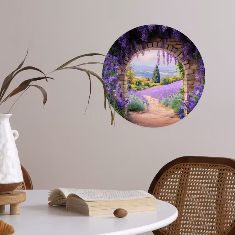 Doorkijk - Lavendel - Bloemen - Paars - Poort Wandcirkel behangsticker klein -sfeer3