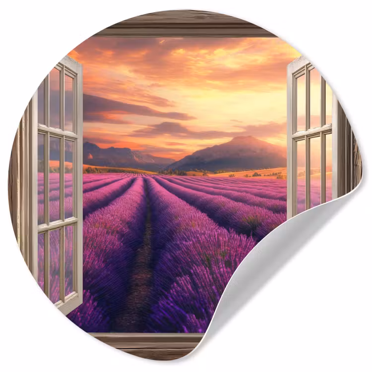 Doorkijk - Lavendel - Landschap - Bloemen - Paars Wandcirkel behangsticker klein -3d
