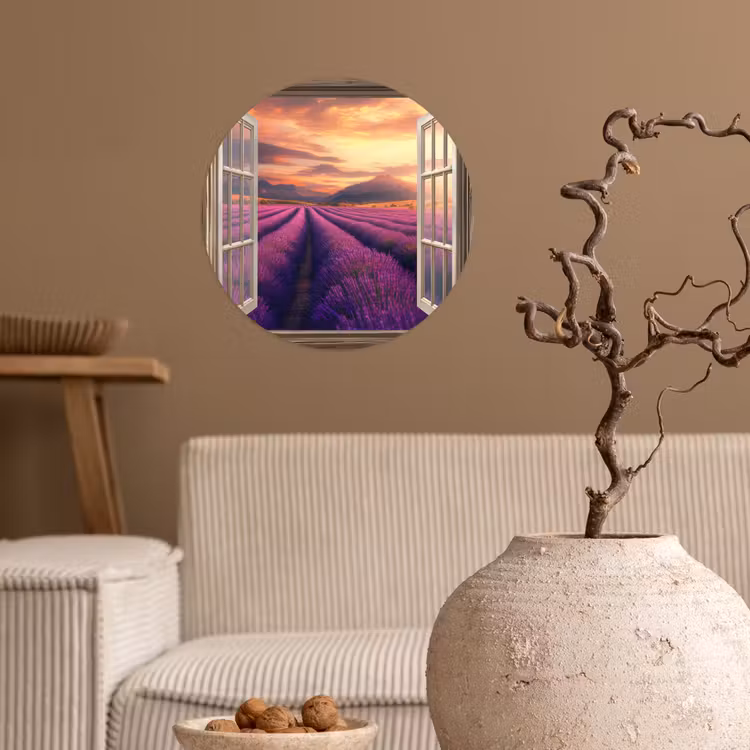 Doorkijk - Lavendel - Landschap - Bloemen - Paars Wandcirkel behangsticker klein -sfeer1