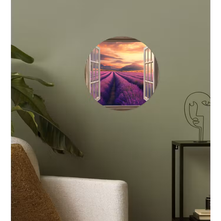 Doorkijk - Lavendel - Landschap - Bloemen - Paars Wandcirkel behangsticker klein -sfeer2