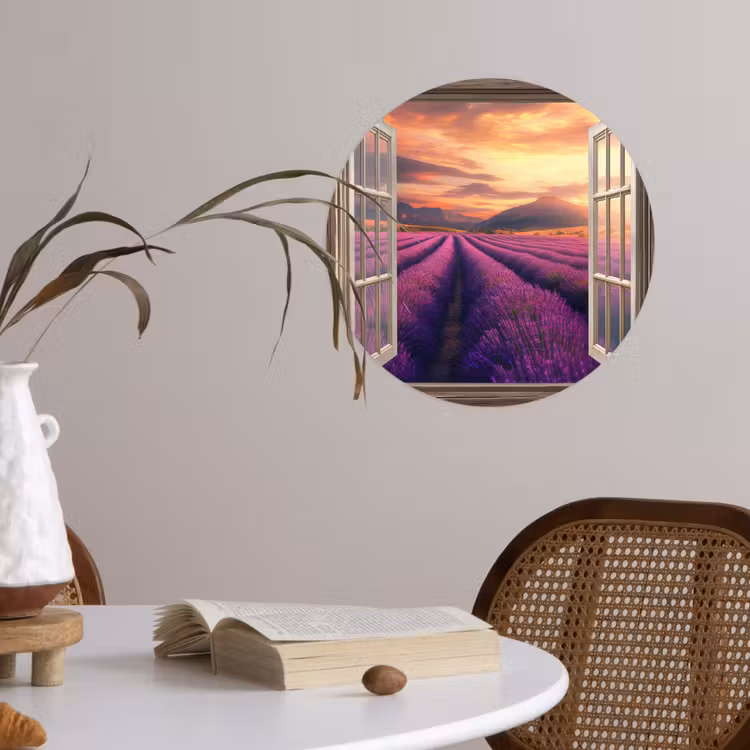 Doorkijk - Lavendel - Landschap - Bloemen - Paars Wandcirkel behangsticker klein -sfeer3