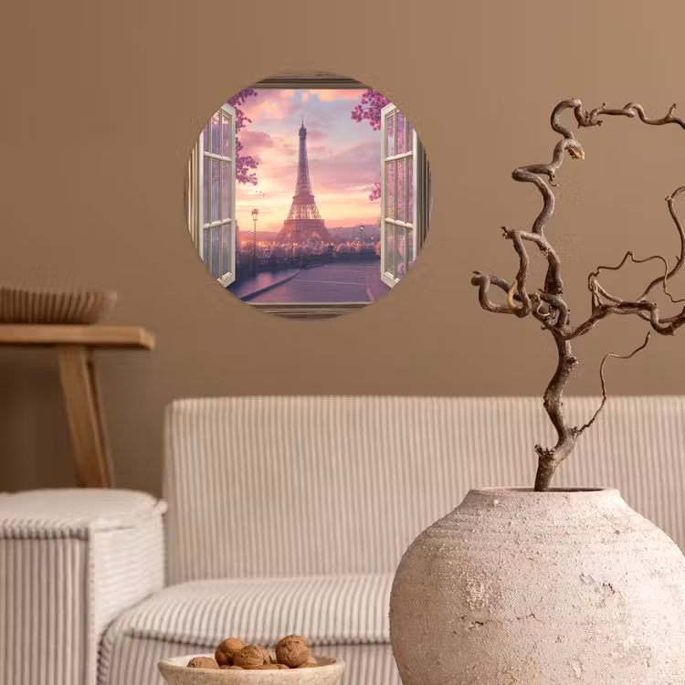 Doorkijk - Parijs - Eiffeltoren - Roze - Kersenbloesem Wandcirkel behangsticker klein -sfeer1