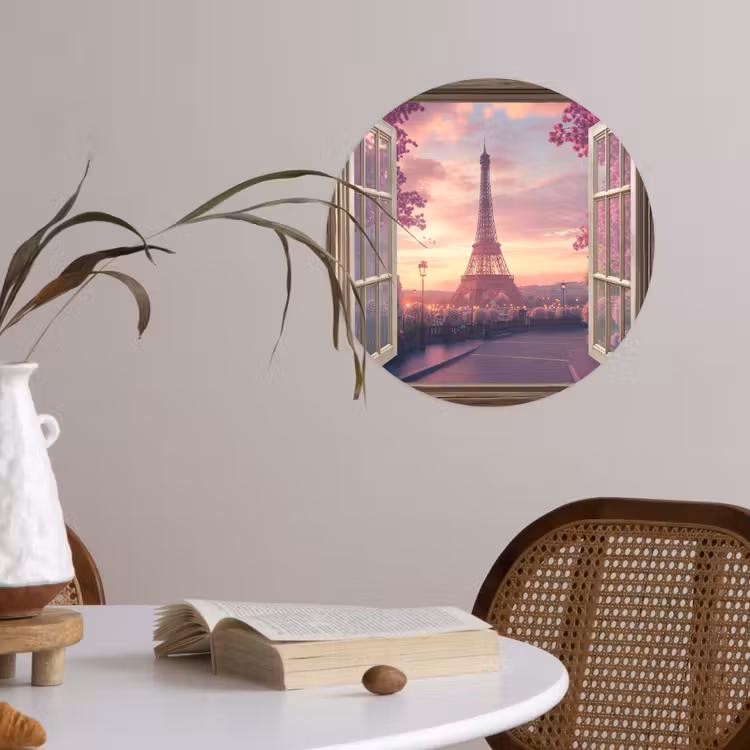 Doorkijk - Parijs - Eiffeltoren - Roze - Kersenbloesem Wandcirkel behangsticker klein -sfeer3