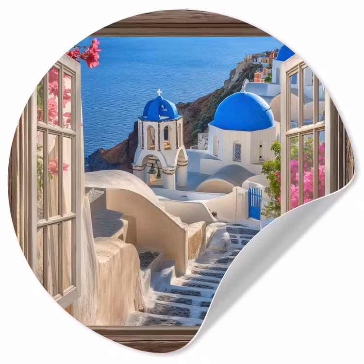 Doorkijk - Santorini - Landschap - Blauw - Grieks Wandcirkel behangsticker klein -3d