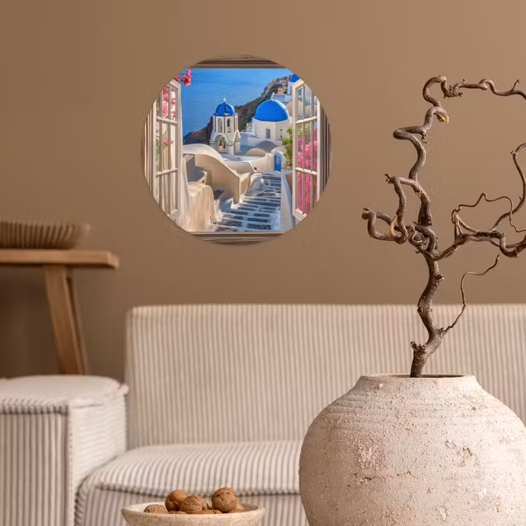 Doorkijk - Santorini - Landschap - Blauw - Grieks Wandcirkel behangsticker klein -sfeer1