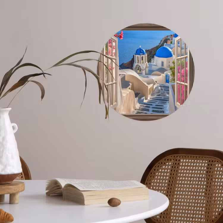 Doorkijk - Santorini - Landschap - Blauw - Grieks Wandcirkel behangsticker klein -sfeer3