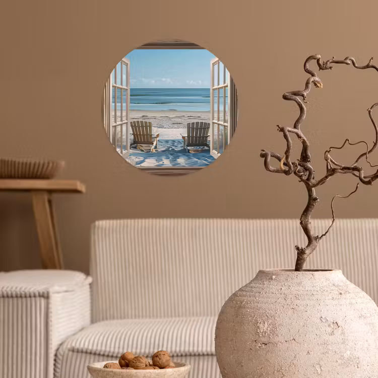 Doorkijk - Strandstoelen - Duinen - Zee - Natuur Wandcirkel behangsticker klein -sfeer1