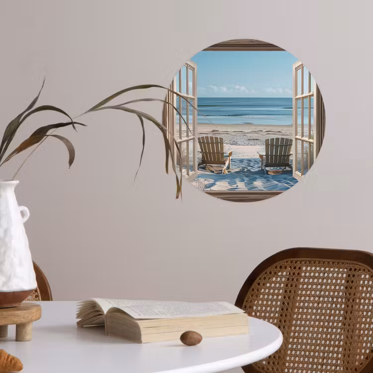 Doorkijk - Strandstoelen - Duinen - Zee - Natuur Wandcirkel behangsticker klein -sfeer3