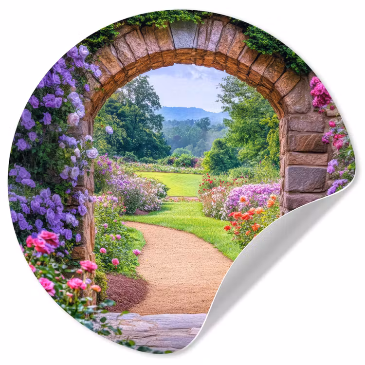 Doorkijk - Poort - Bloemen - Tuin Wandcirkel behangsticker klein -3d